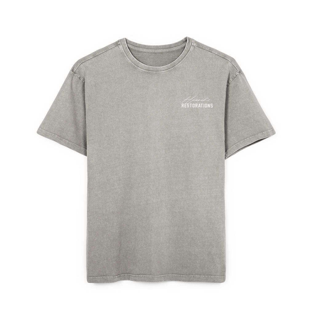 (EU) T-Shirt - Men's Acid Washed Heavy Oversize Tee with Henriks Restorations Car Club Design
