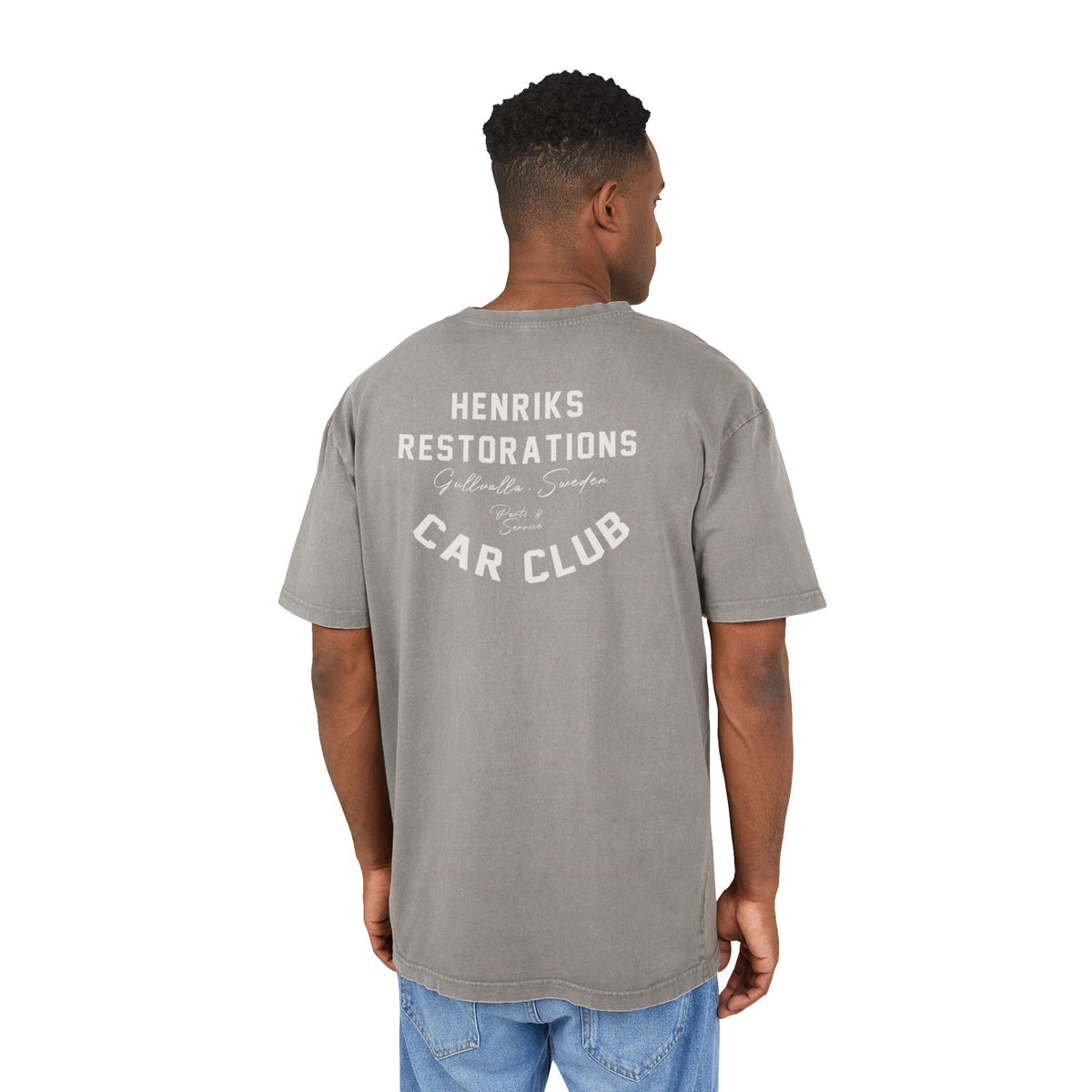 (EU) T-Shirt - Men's Acid Washed Heavy Oversize Tee with Henriks Restorations Car Club Design