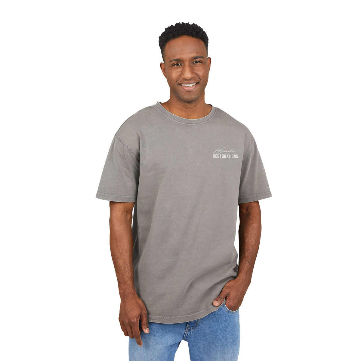 (EU) T-Shirt - Men's Acid Washed Heavy Oversize Tee with Henriks Restorations Car Club Design