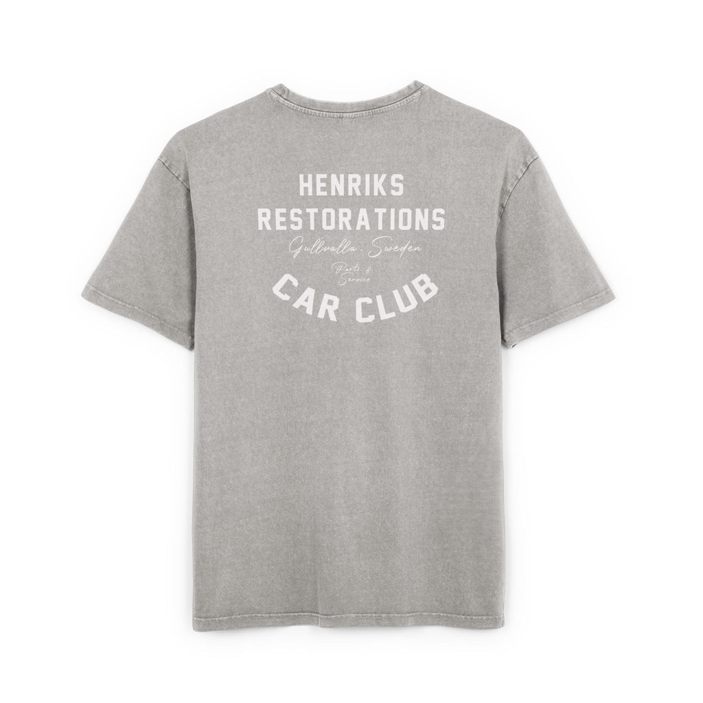 (EU) T-Shirt - Men's Acid Washed Heavy Oversize Tee with Henriks Restorations Car Club Design