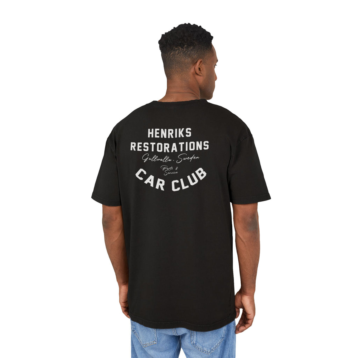 (EU) T-Shirt - Men's Acid Washed Heavy Oversize Tee with Henriks Restorations Car Club Design